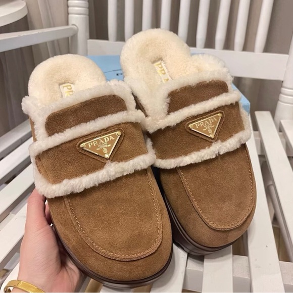 Prada Tan Shearling Slippers - Picture 2 of 9